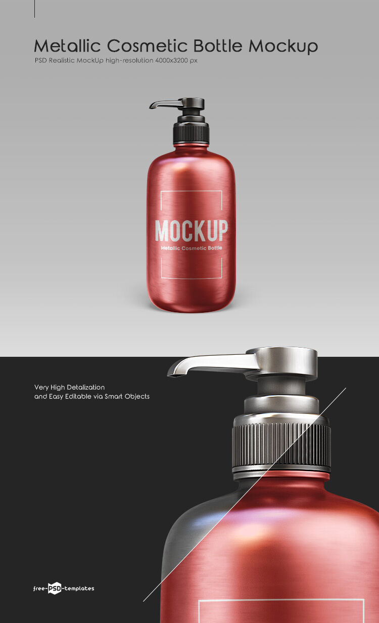 Front View of Metallic Pump Cosmetic Bottle Mockup preview