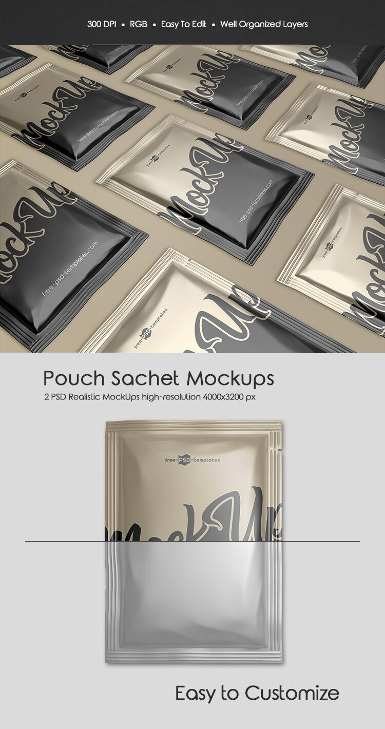 Two Pouch Sachet Laid Down in a Row Mockups