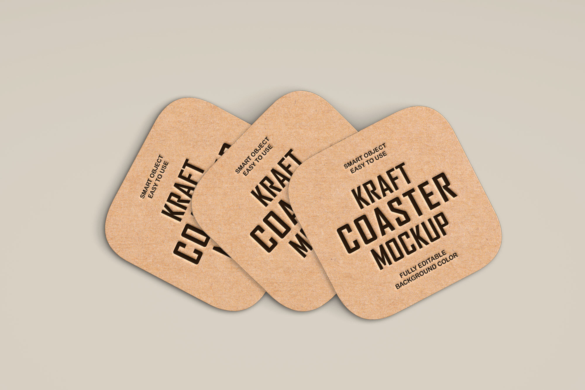 Three Rounded Square Kraft Coasters in Top View Mockup