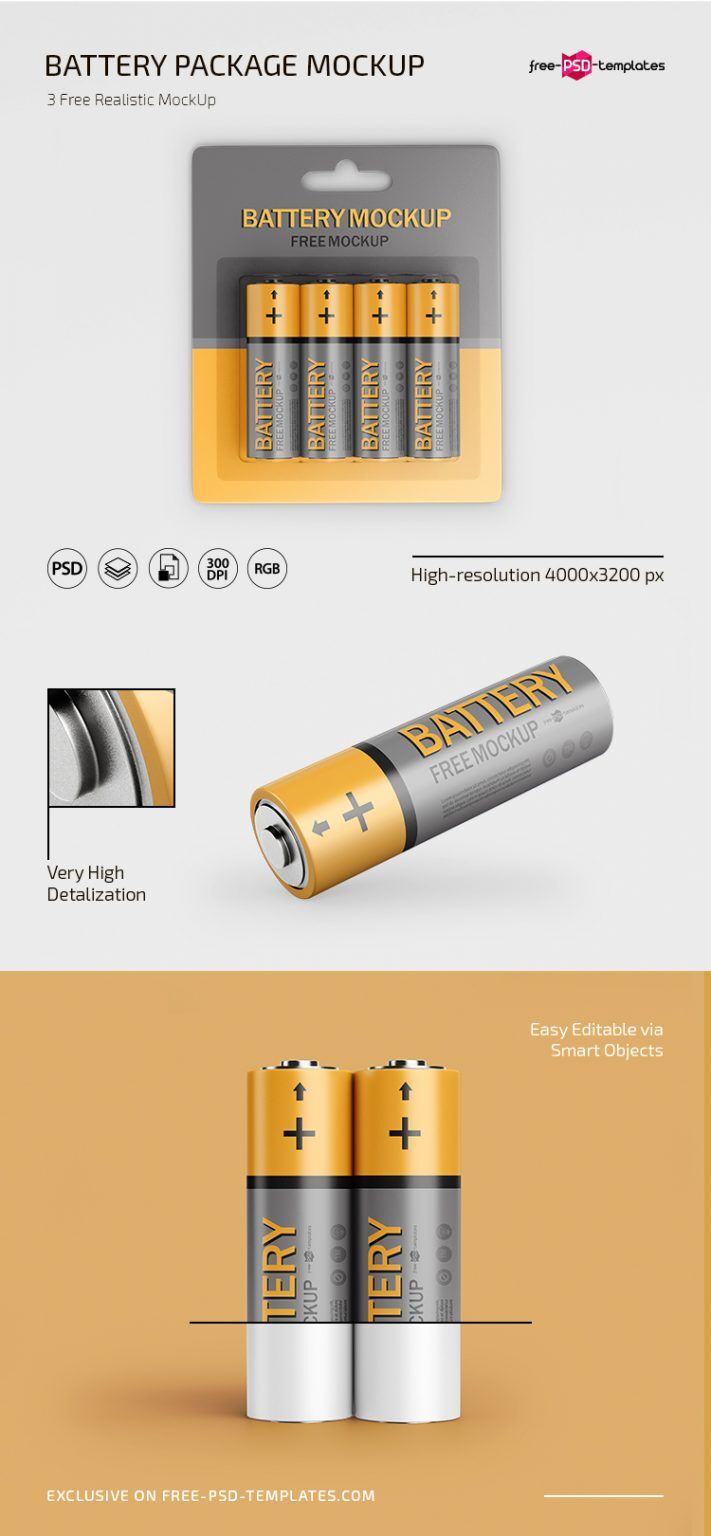 3 Mockups of Battery Packaging from Different Angles