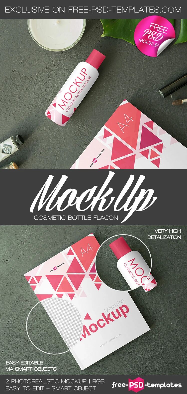 Two Cosmetic Bottle and a A4 Brochure Mockups preview