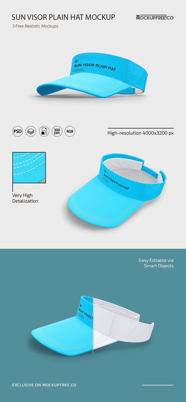 Front and 3/4 View of 3 Sun Visor Plain Hat Mockups preview