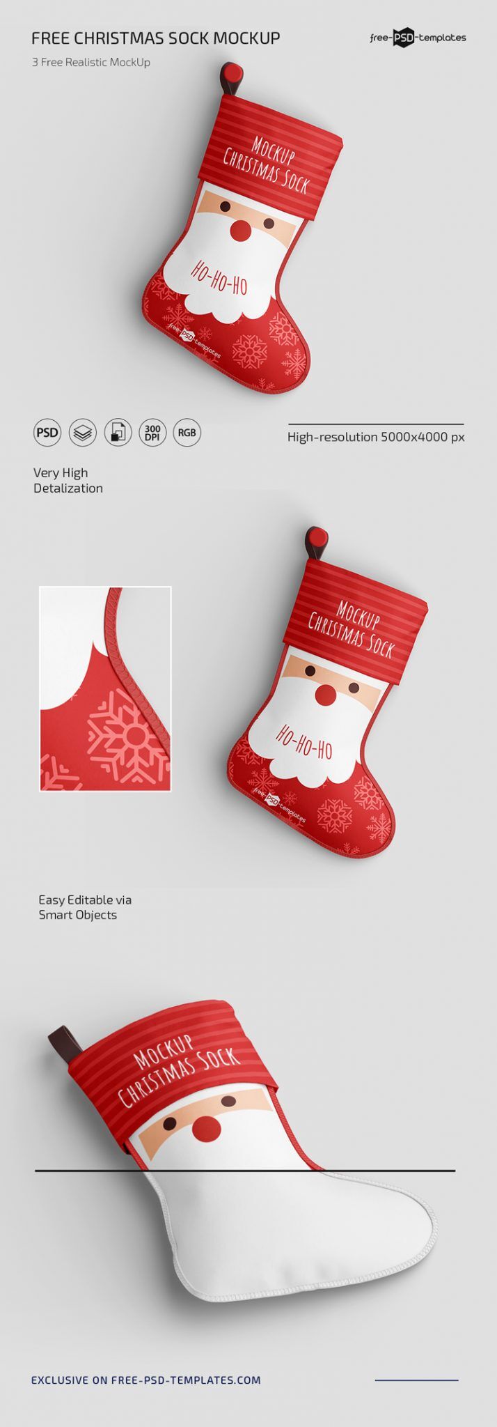 3 Christmas Sock Mockups Hung or Laid Down on Floor