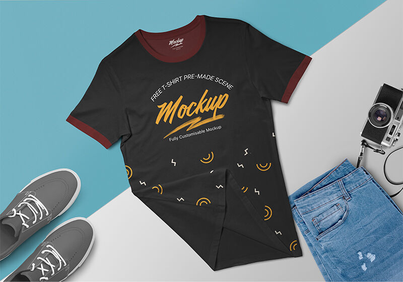 Top-View Round Neck T-Shirt on a Surface Mockup preview