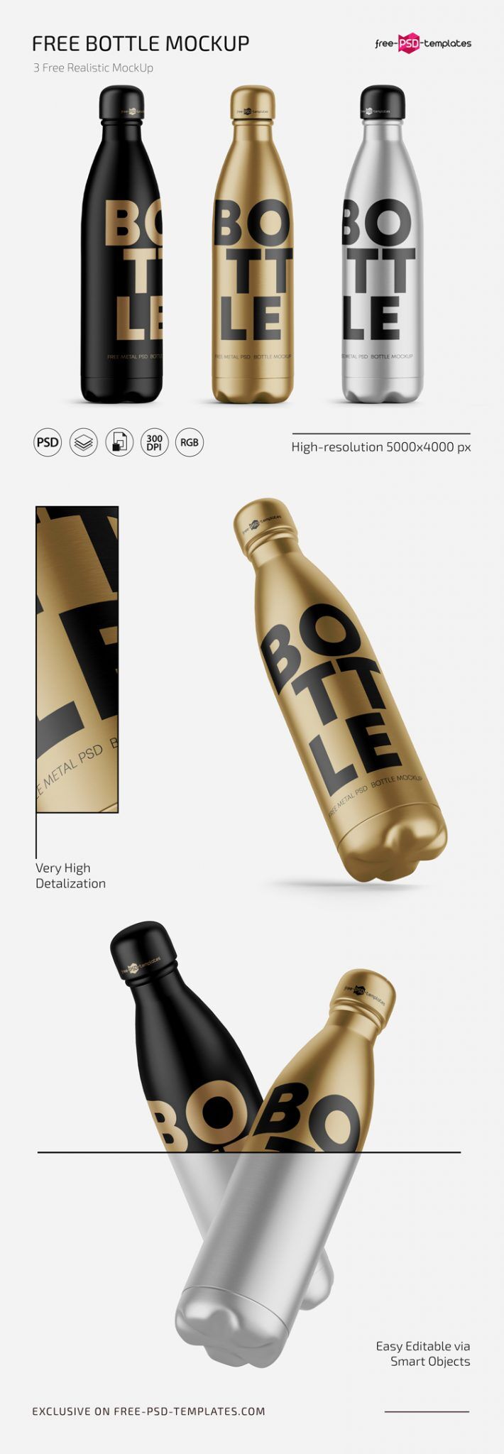 3 Mockups Featuring Floating or Stand-up Bottles in Different Views preview