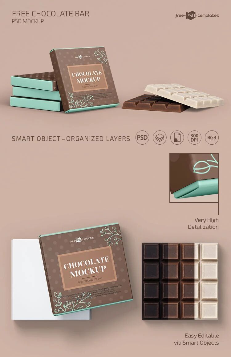 2 Mockups of Chocolate Bar and Stack of Packet Packaging
