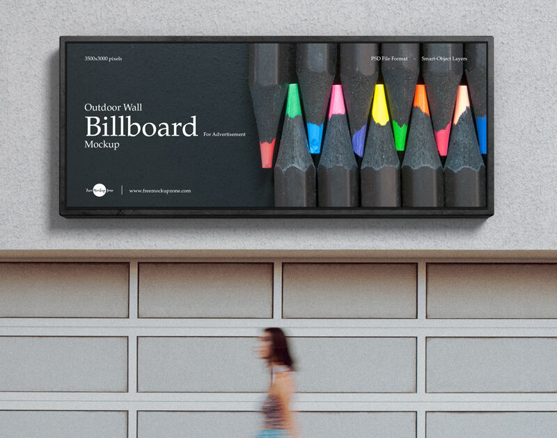 Outdoor Wall Billboard in the Front View Mockup Featuring a Woman Passing by preview