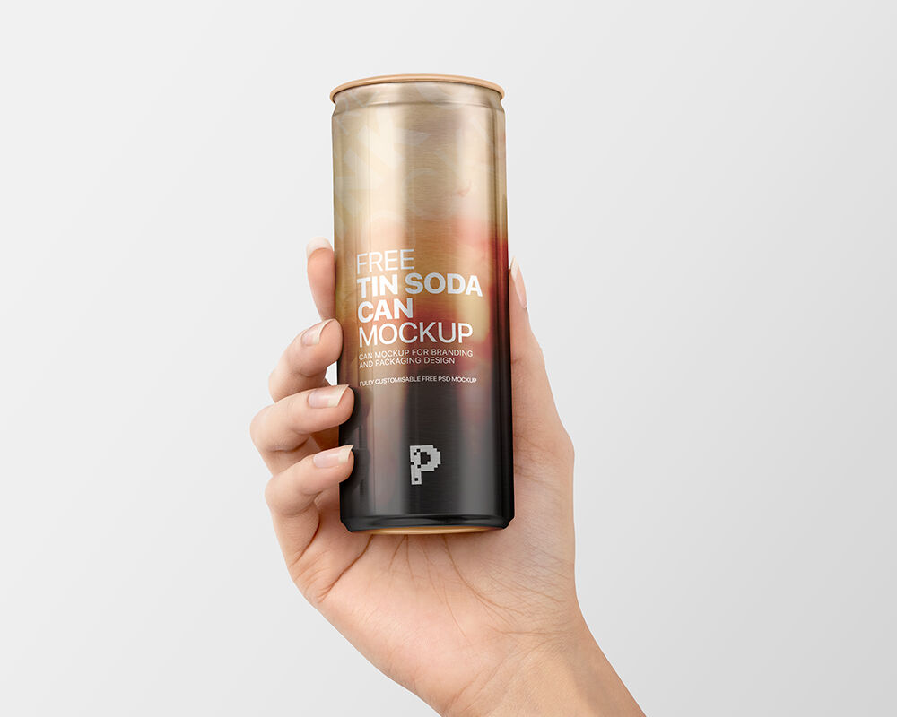 Close-up Shot Female Hand Holding Tin Soda Can Mockup preview