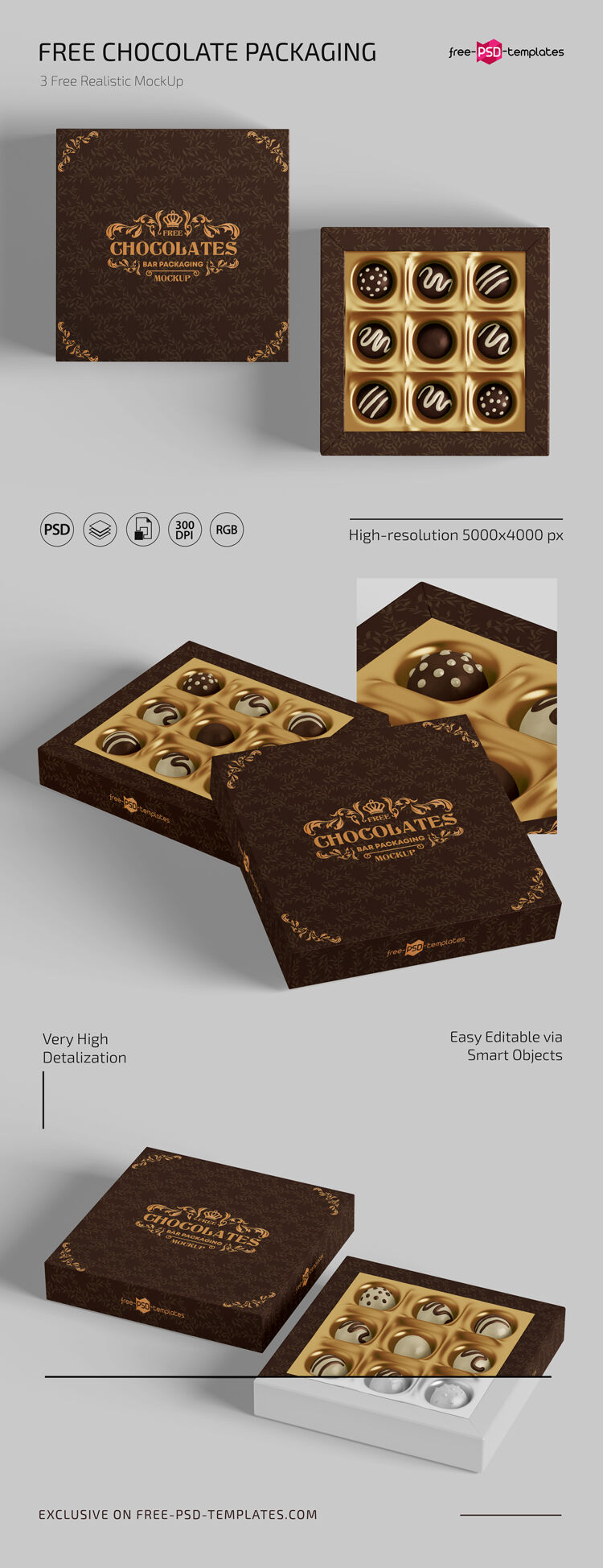3 Mockups Featuring Square Chocolate Packaging Boxes in Different Angles