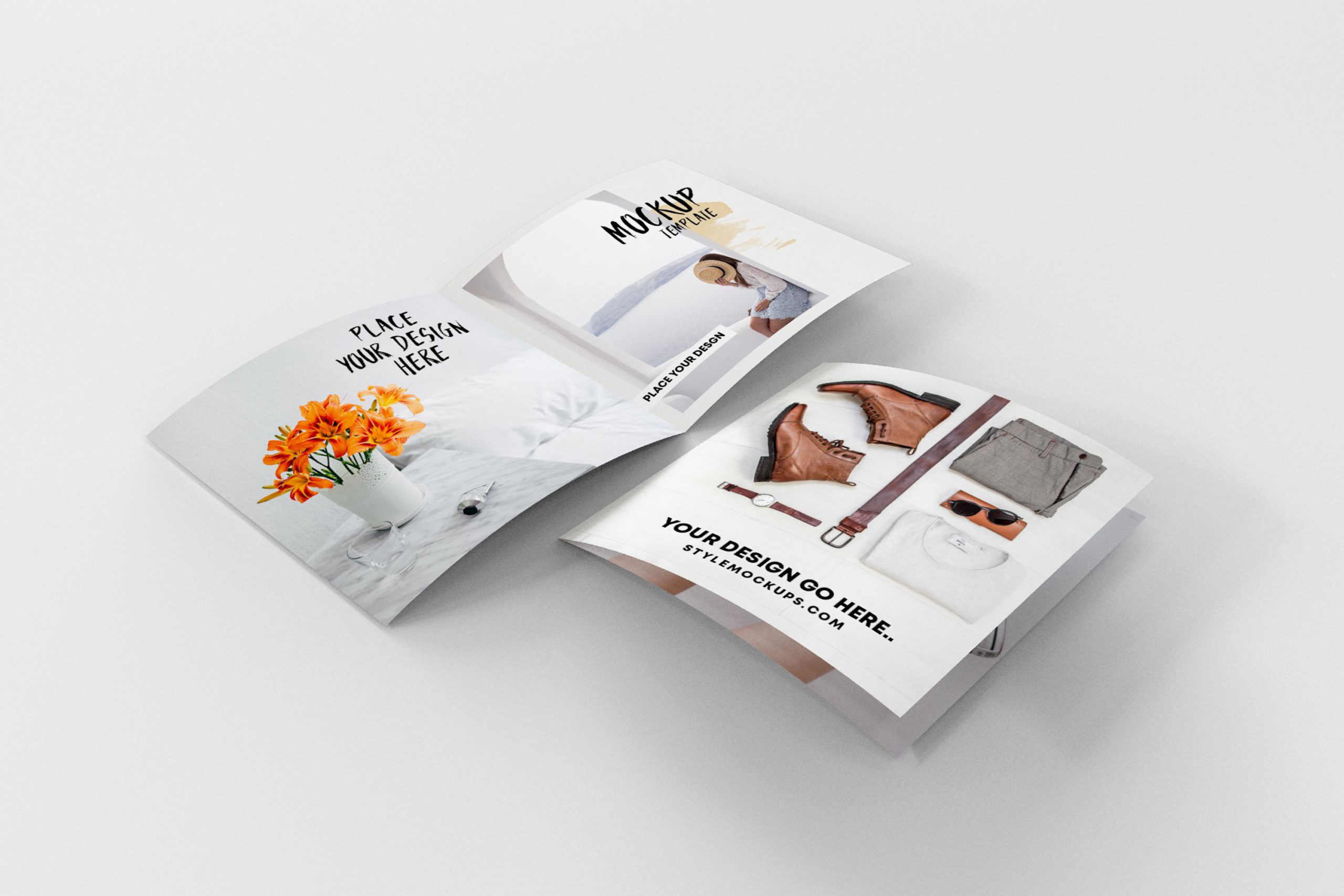 Perspective View Open and Closed Bi-fold Square Brochures Mockup preview