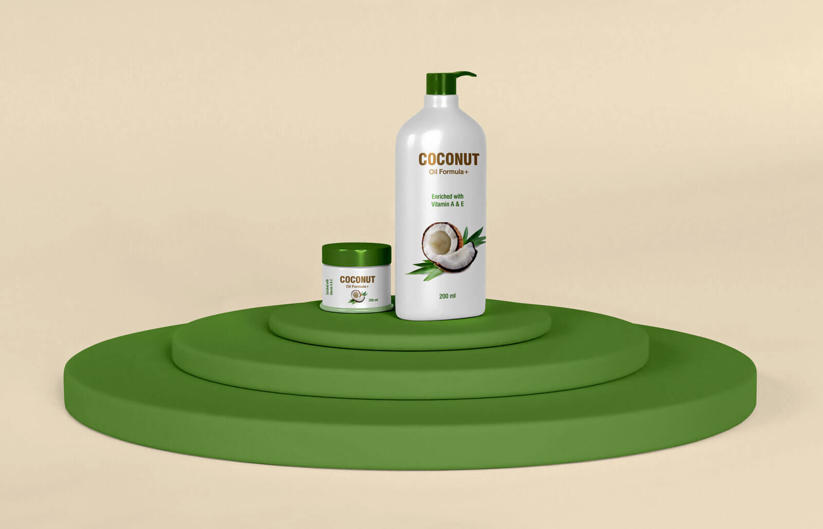 Spa Cosmetics Conditioner Bottle and Cream Jar on Podium Mockup