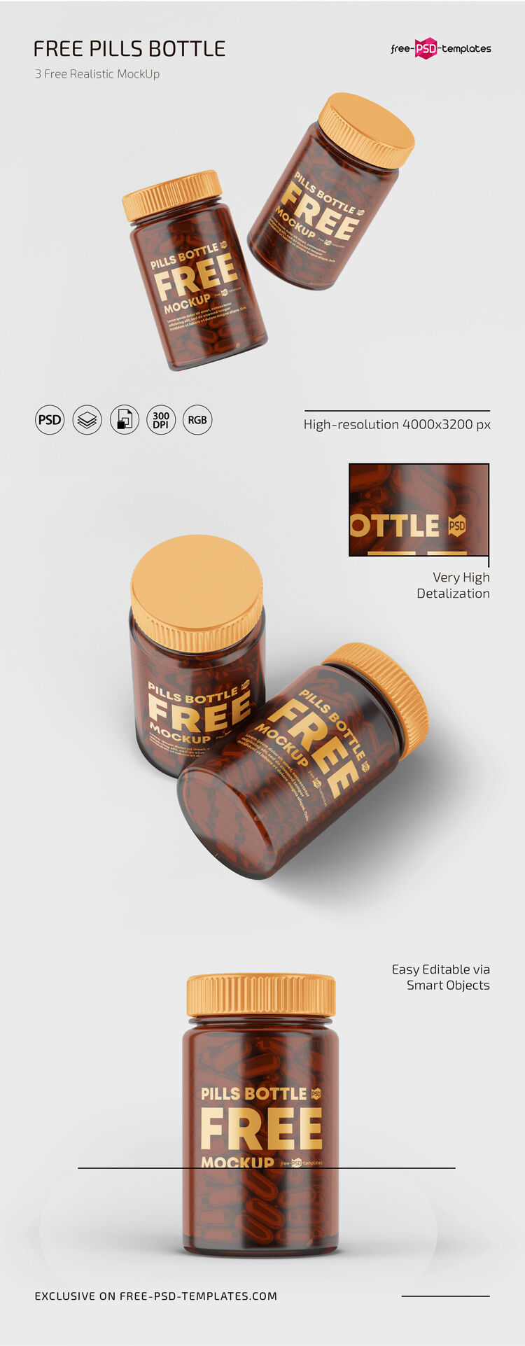 Three Transparent Pill Bottle Mockups