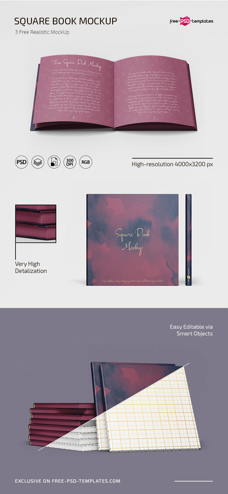 Set of Three Realistic Square Book Mockups preview