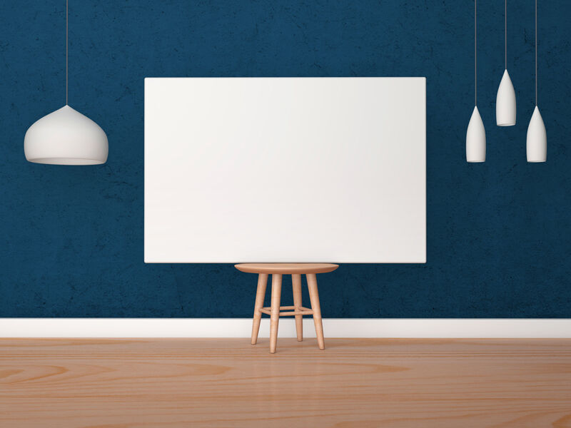Horizontal Poster Canvas on Wooden Stool Mockup in Indoor Setting