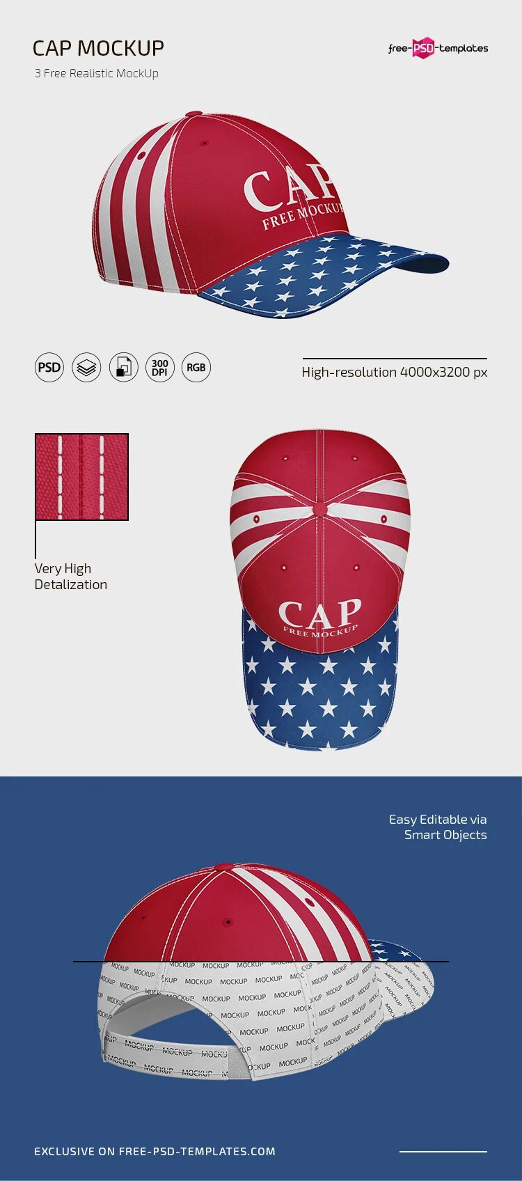 3 Cap Mockups in Different Views