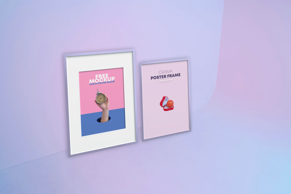 3/4 View 2 Canvas Poster Frames on Wall Mockup