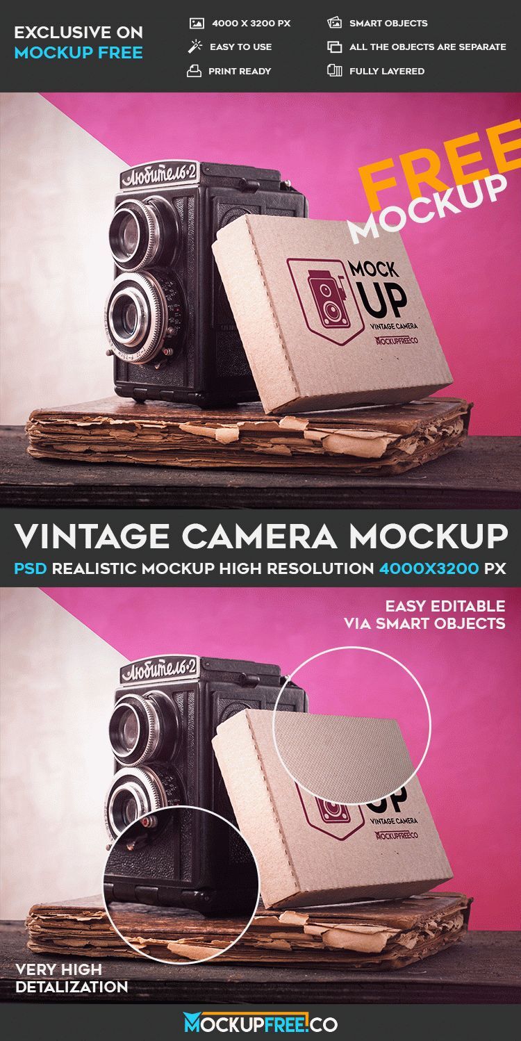 Flat Box Leaning onto Vintage Camera Mockup on Old Book preview