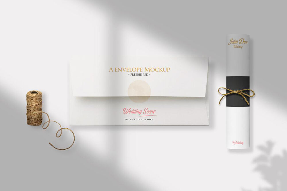 Top View Envelope and Scroll Invitation Card Scene Mockup preview