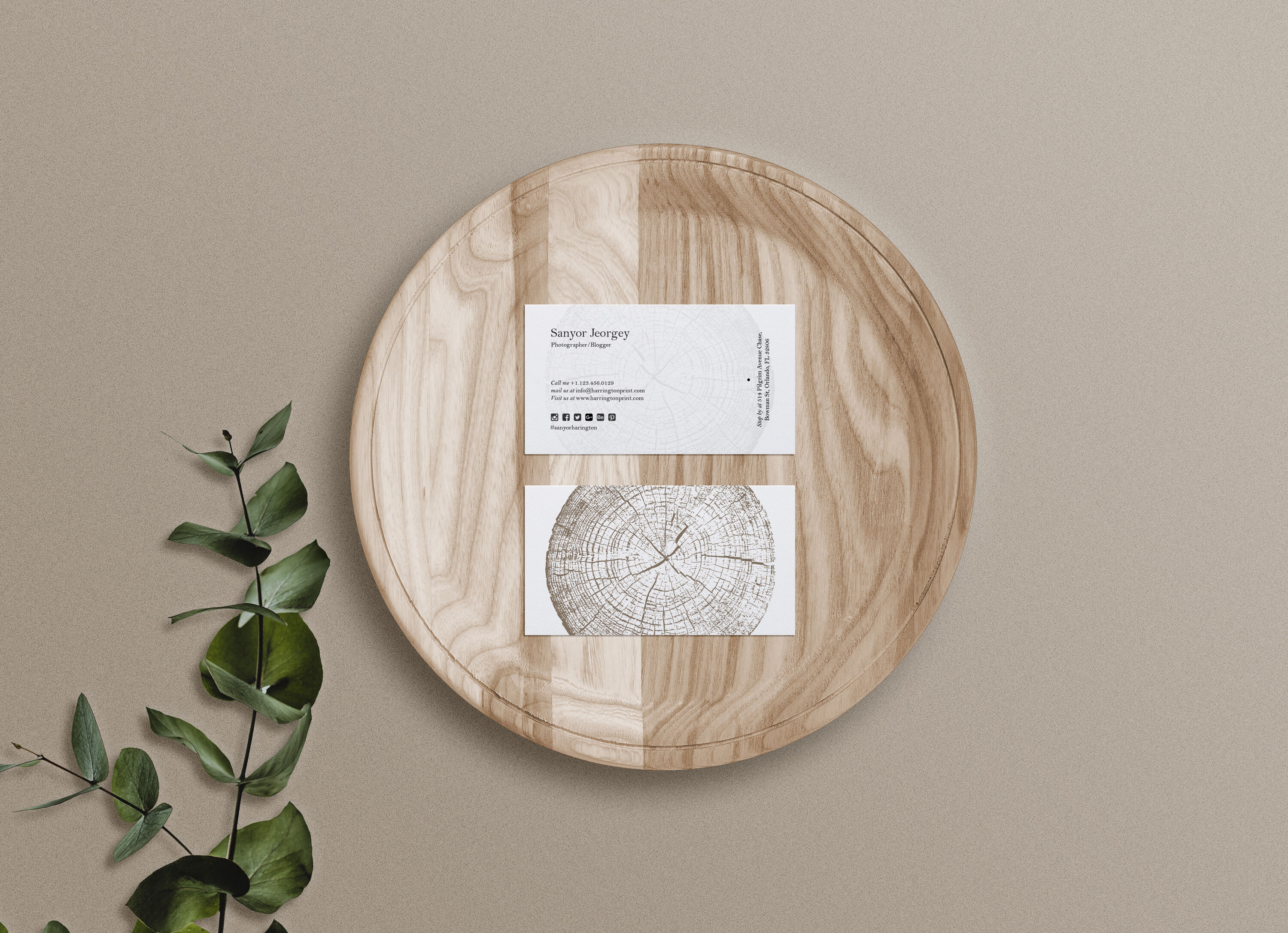 2 Business Cards on Wooden Tray Mockup with Leaves preview