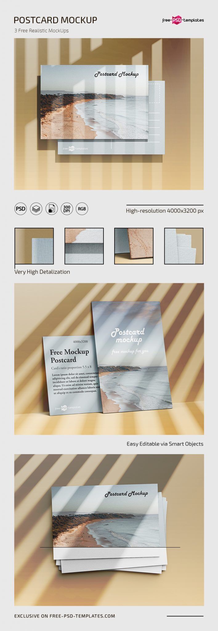 Set of Three Postcard Mockups from Front and Top View preview