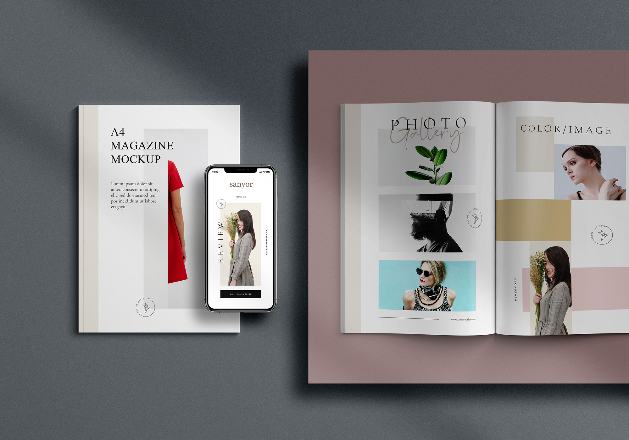 Top view of Two A4 Magazines and a iPhone X Mockup preview