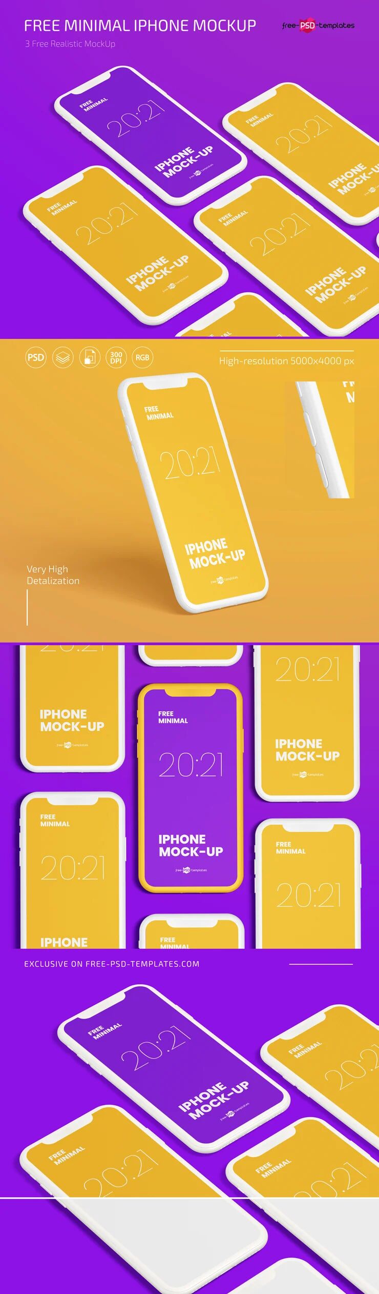 3 Grid Style Mockups of iPhone Smartphones in Different Views preview
