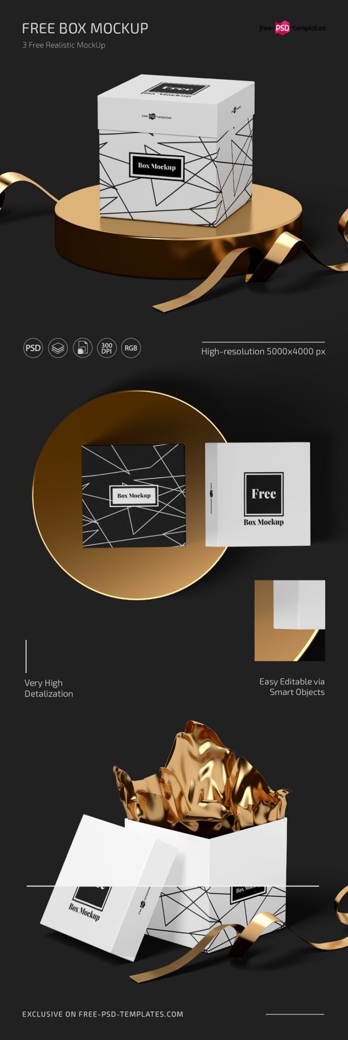 3 Mockups of Gift Boxes in Different Views Featuring Golden Platform preview