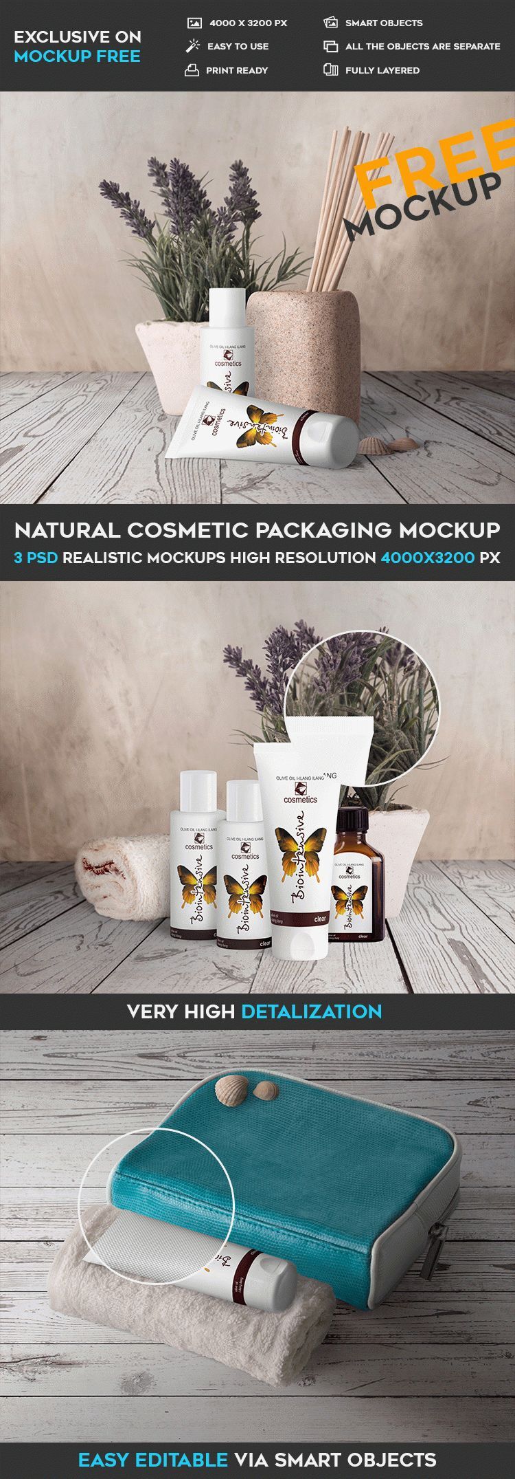 3 Cosmetic Products Packaging Mockups in Different Views