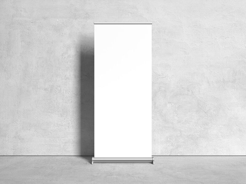 Vertical, Roll-Up Banner Stand in the Front View Mockup preview