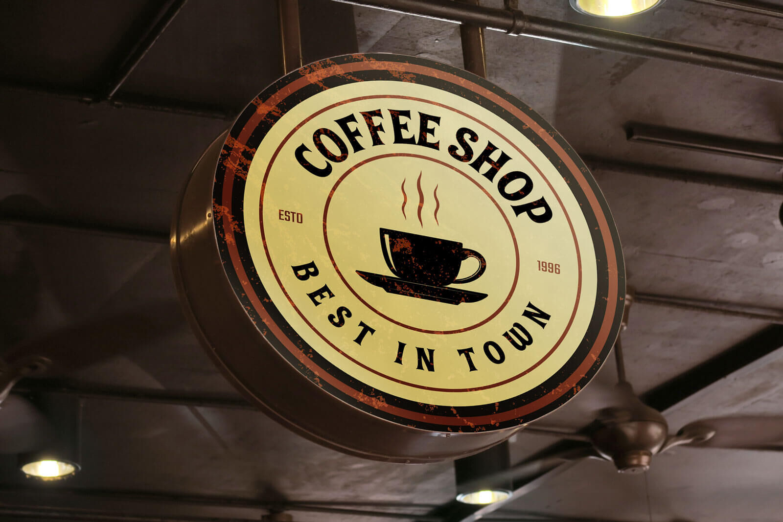 Low Angle View Rustic Round Café Signboard Mockup preview