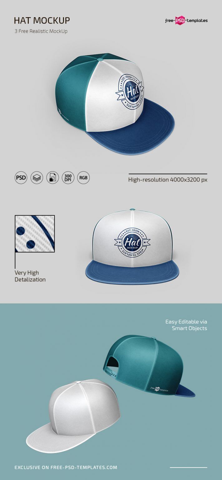 3 Mockups of Snapback Caps in Different Angles and Positions
