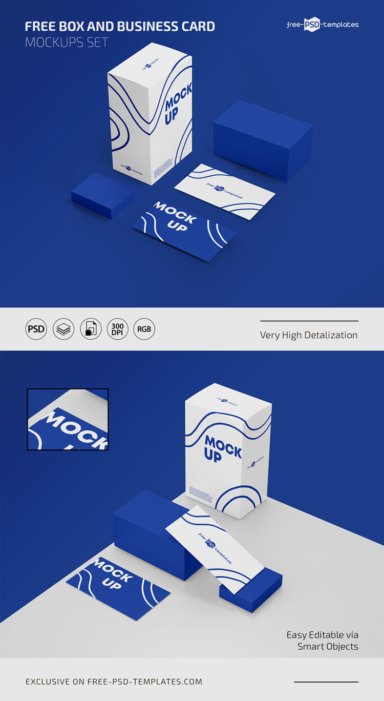 Perspective View of Two Business Cards and Box Mockups preview