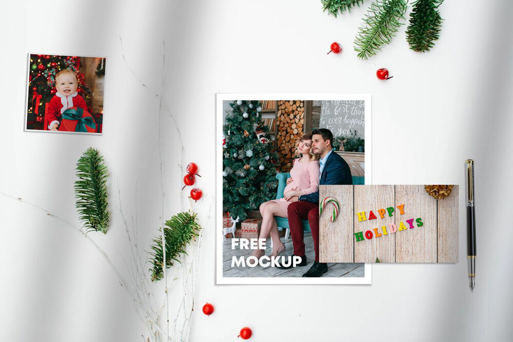 Top View Christmas Cards Mockup with Decorative Elements