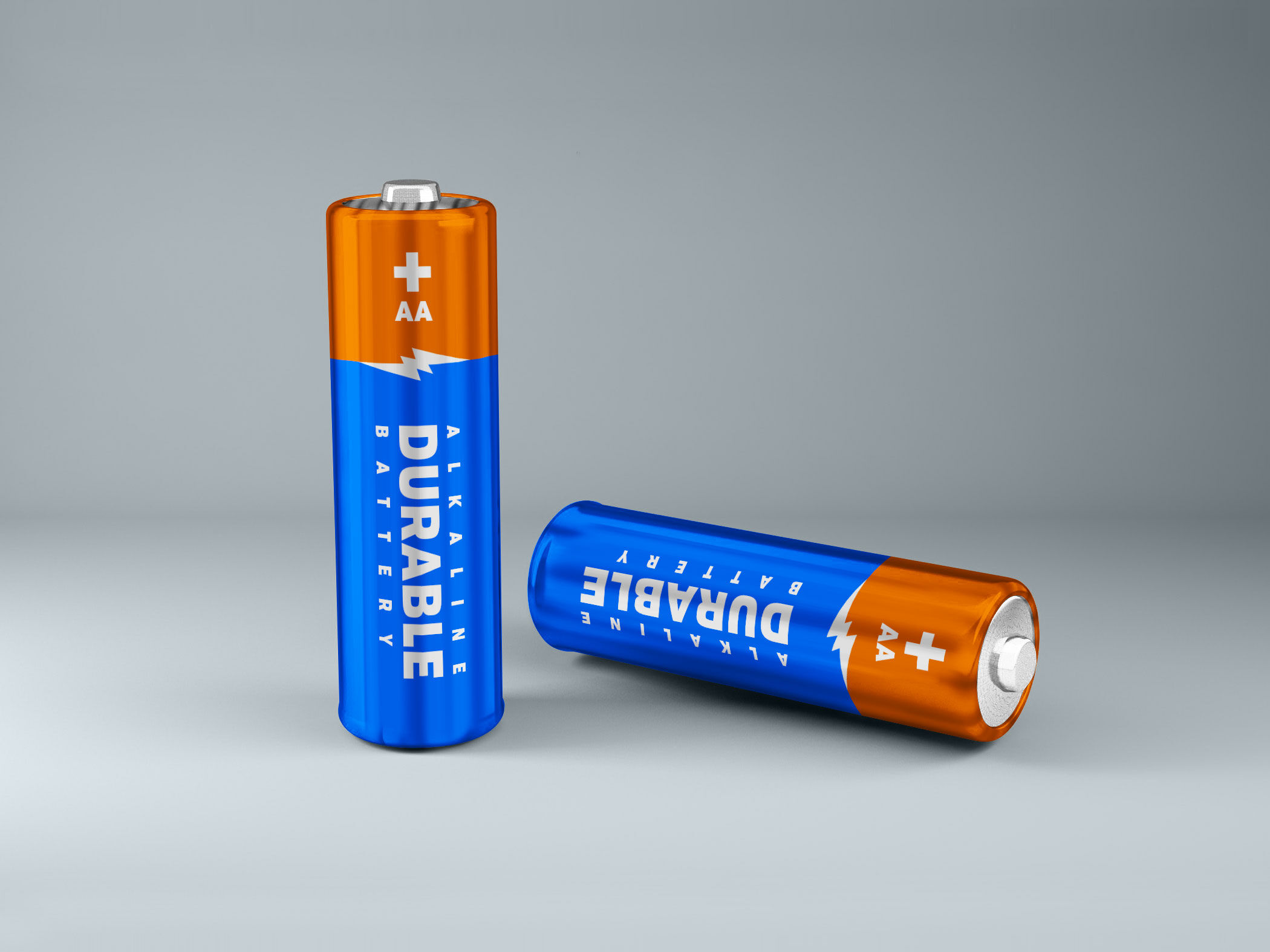 Front View Two AA Batteries Standing and on Floor Mockup