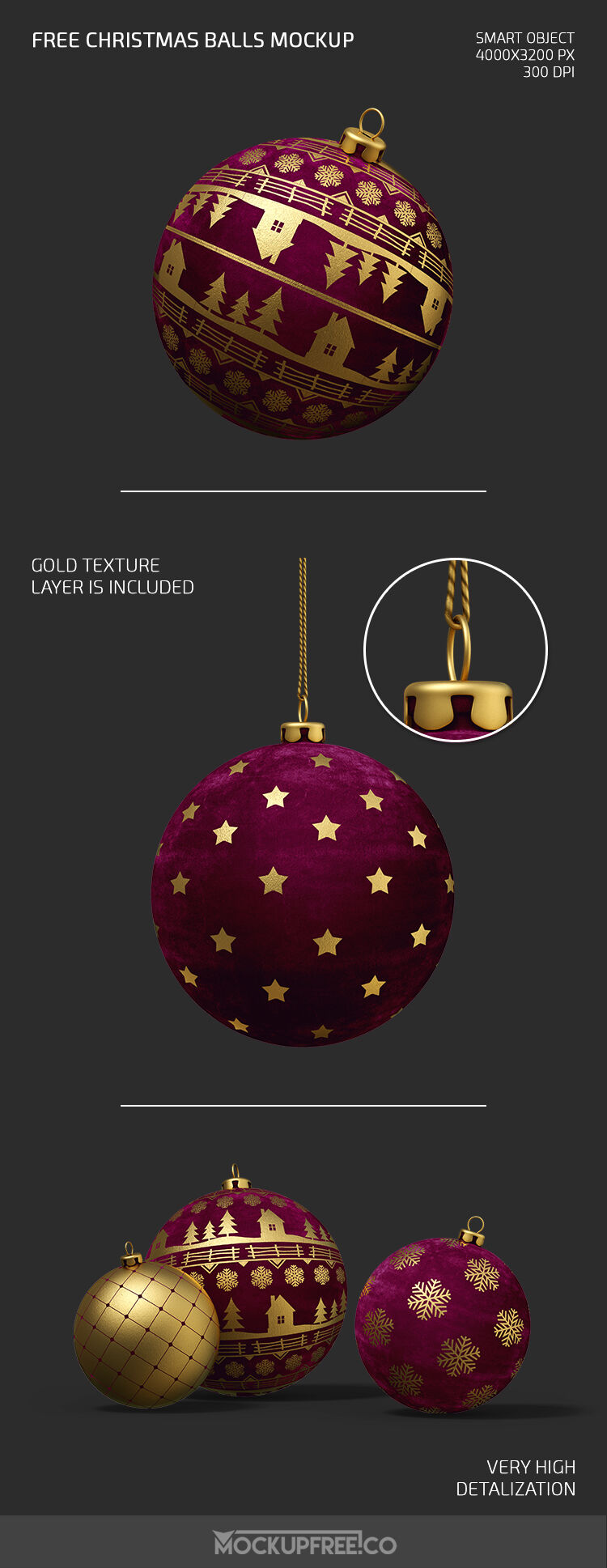 3 Mockups of Christmas Balls in Different Views and Positions