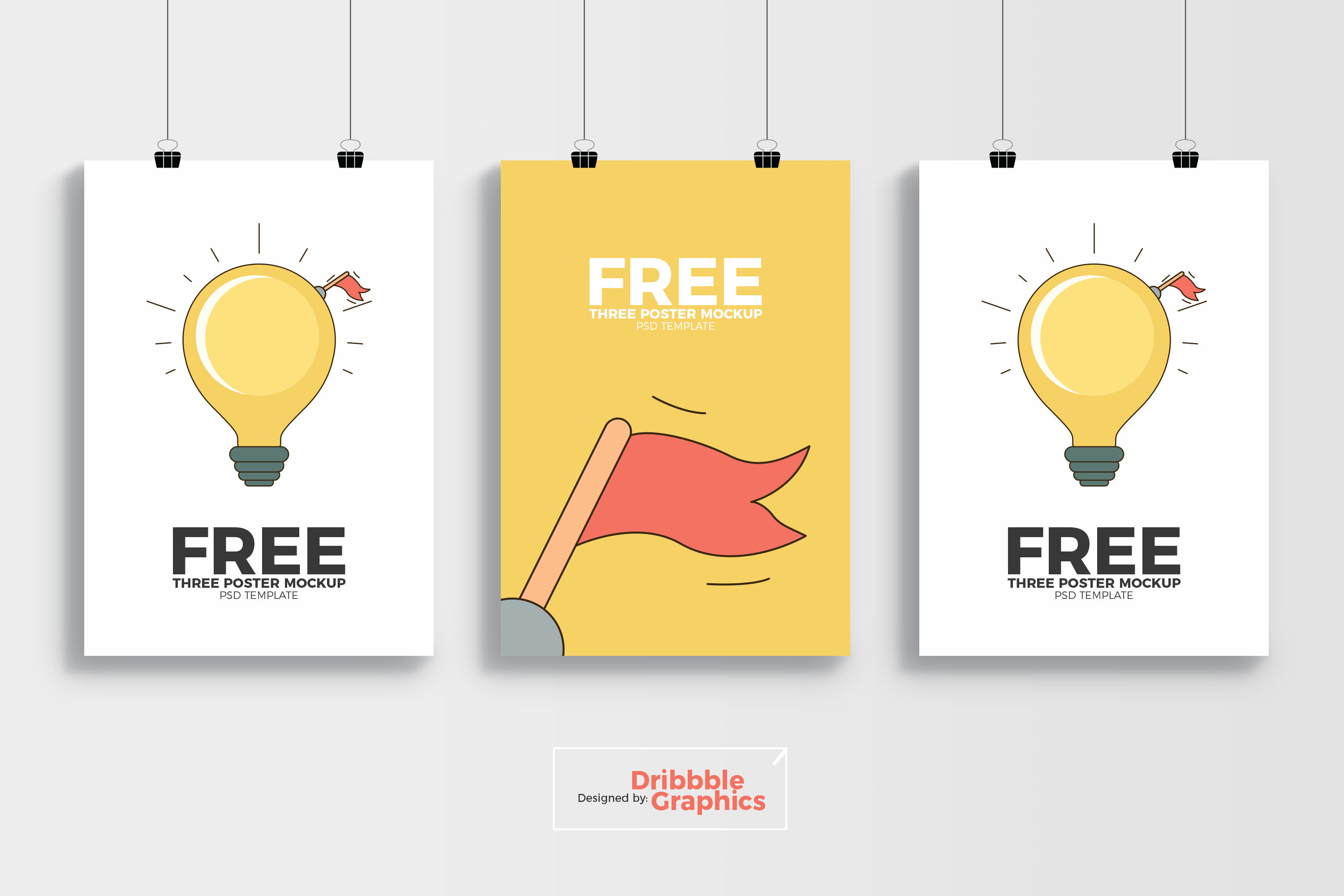Mockup of 3 Hanging Posters on the Wall