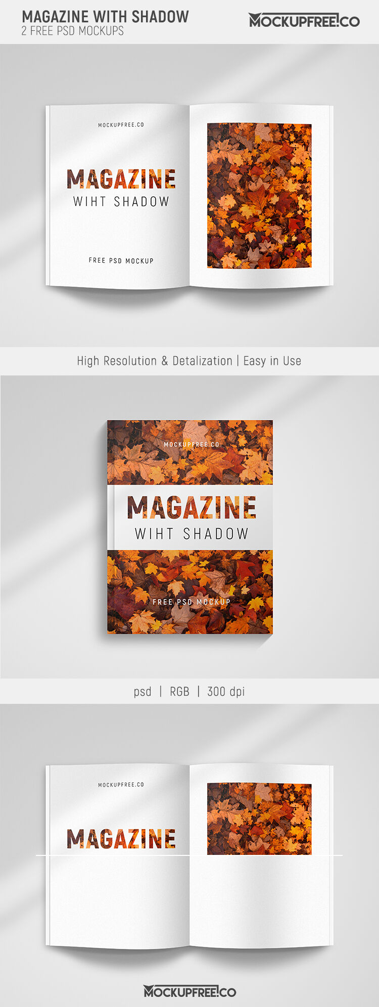 Two Mockups Featuring an Open and Closed Magazine with Shadows preview