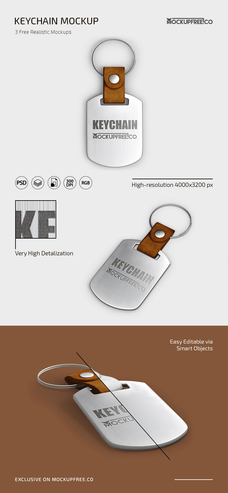 3 Mockups of Keychains Laid on the Surface in Different Views