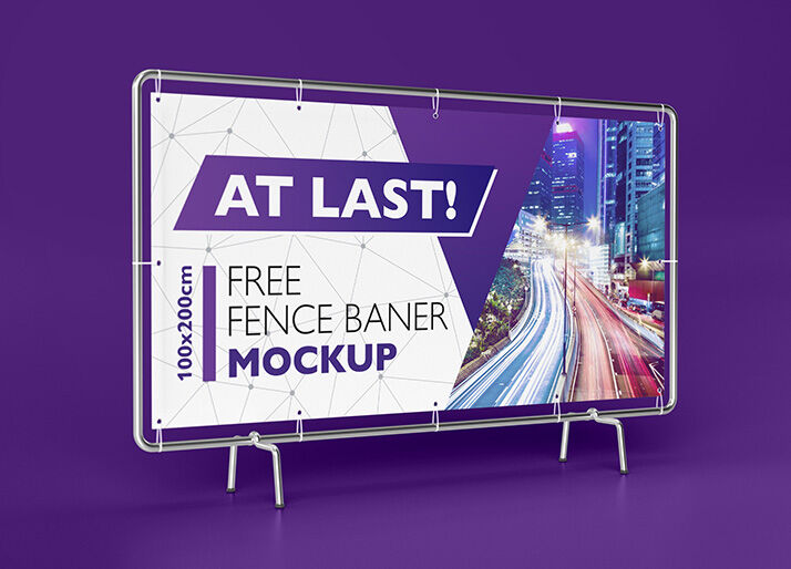 2 Horizontal Fence Banner Mockups Standing Indoors
