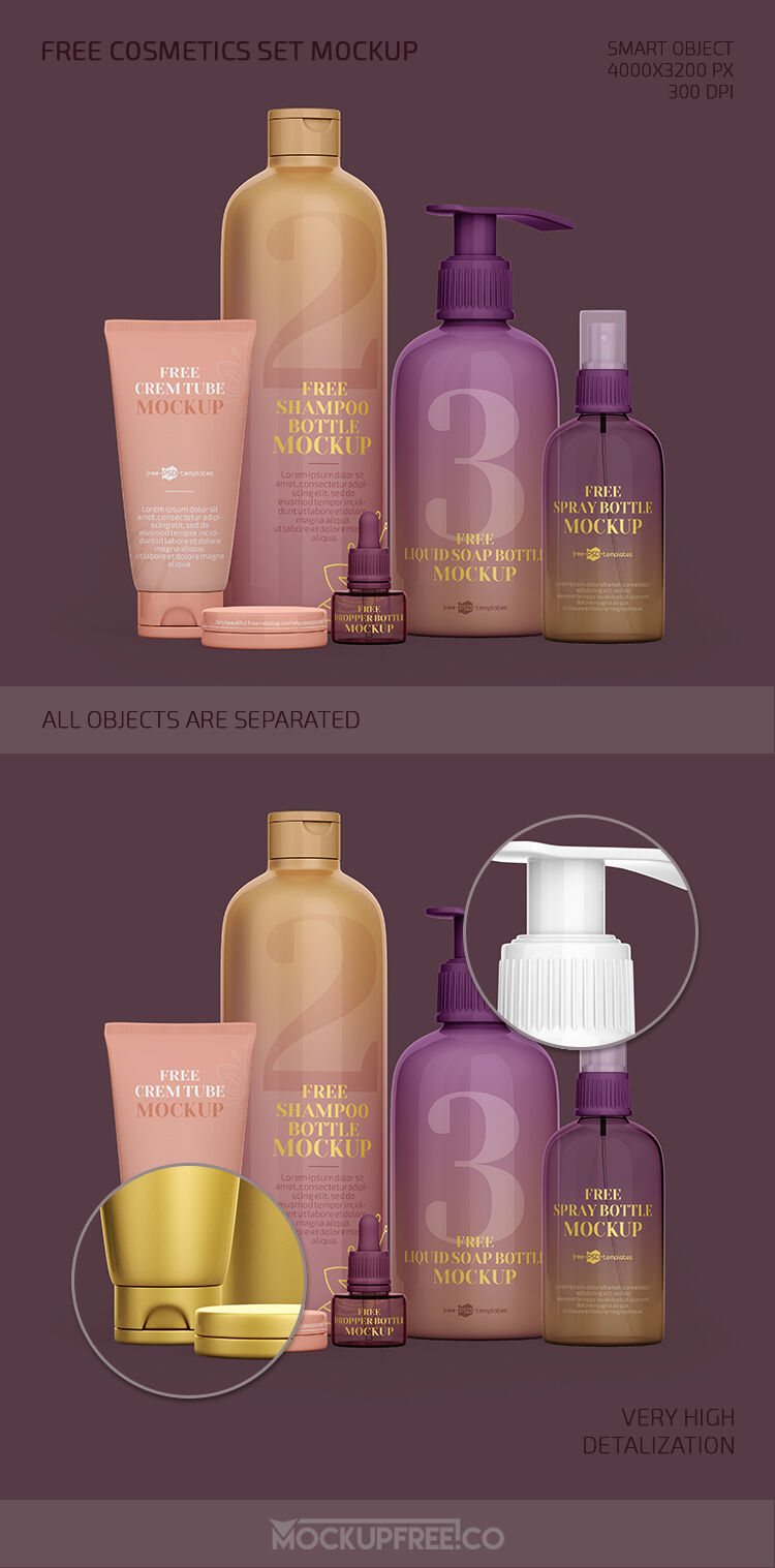 Mockup of Cosmetics Set Featuring Shampoo and Spray Bottle