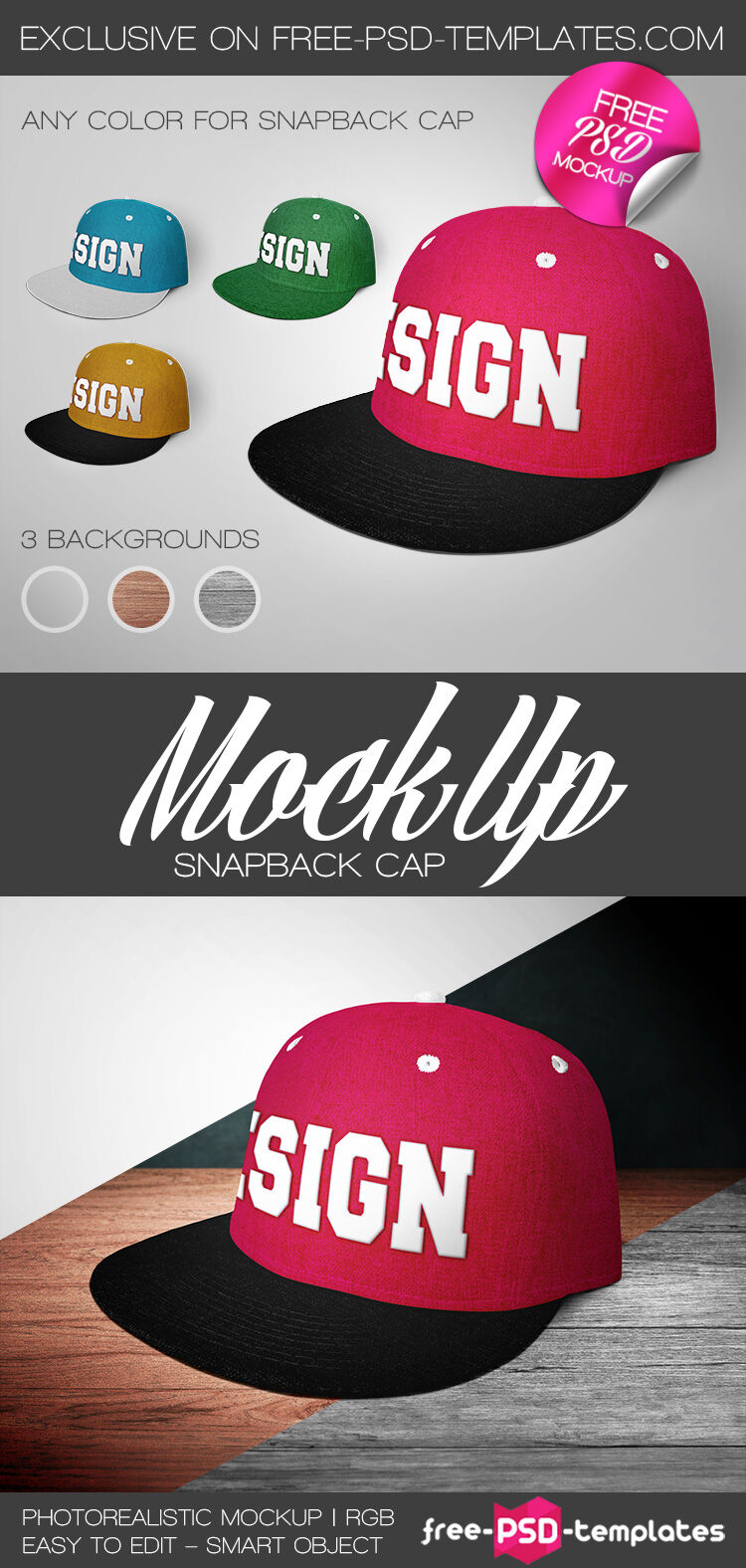 3/4 View of a Snapback Cap Mockup with 3 Backgrounds