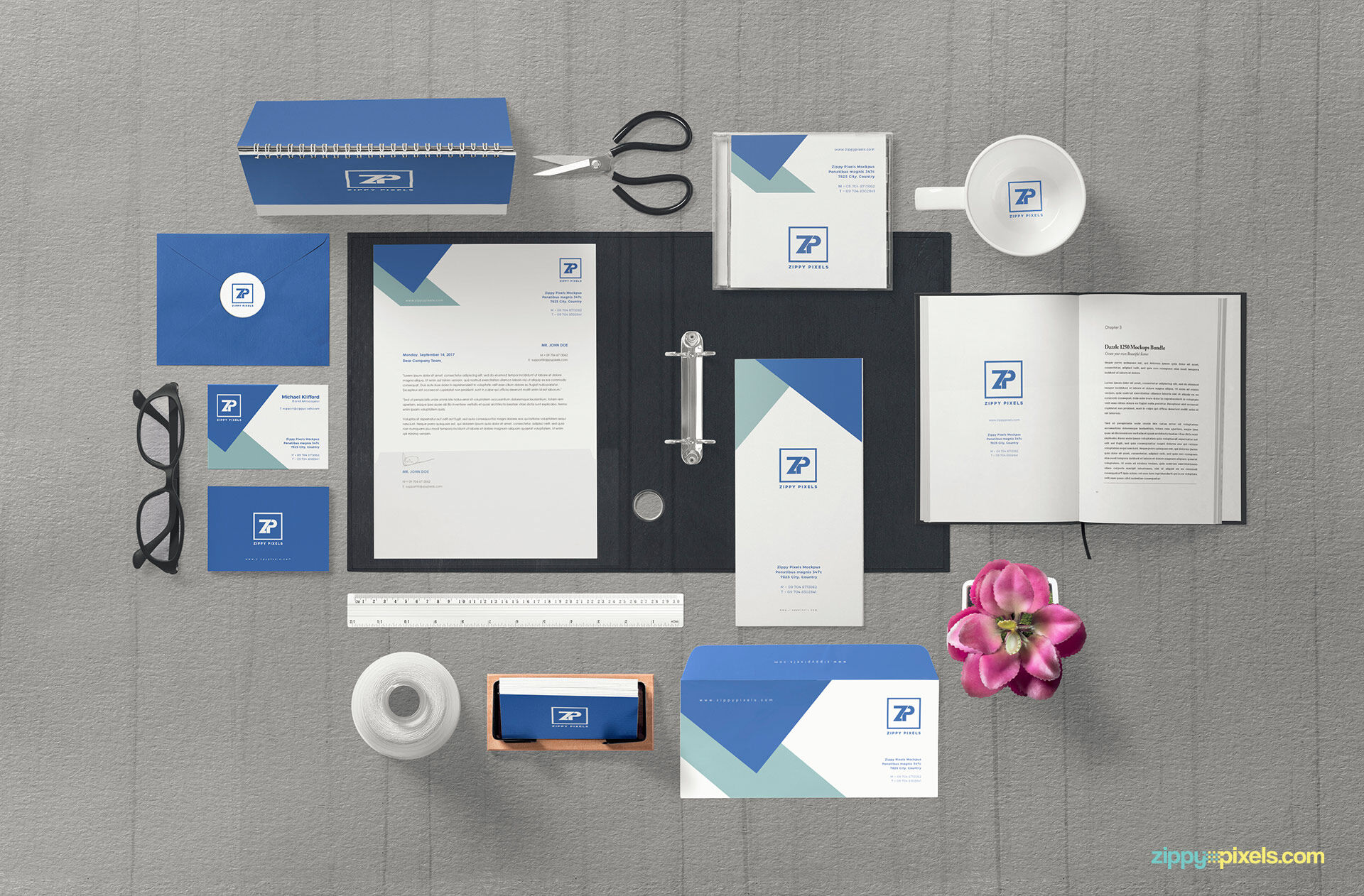 Corporate Identity Mockup Scene Including Open Book, Letterhead, Envelopes, etc. preview