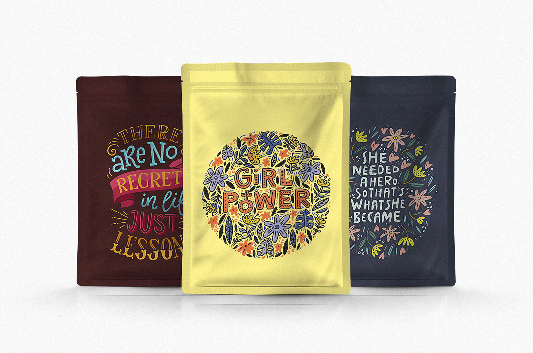 3 Front View Mockups Featuring Pouch Packages in Plain Setting preview