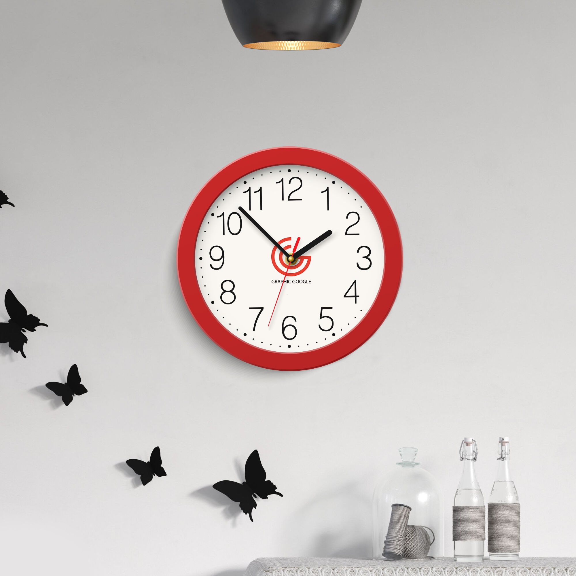 Wall Clock Hung on the Wall Mockup in Front View