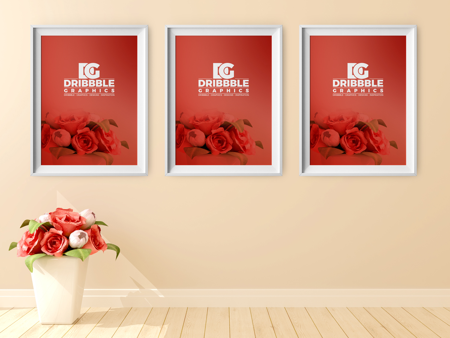 Front View of Poster Frame Mockup with Beautiful Flowers Background