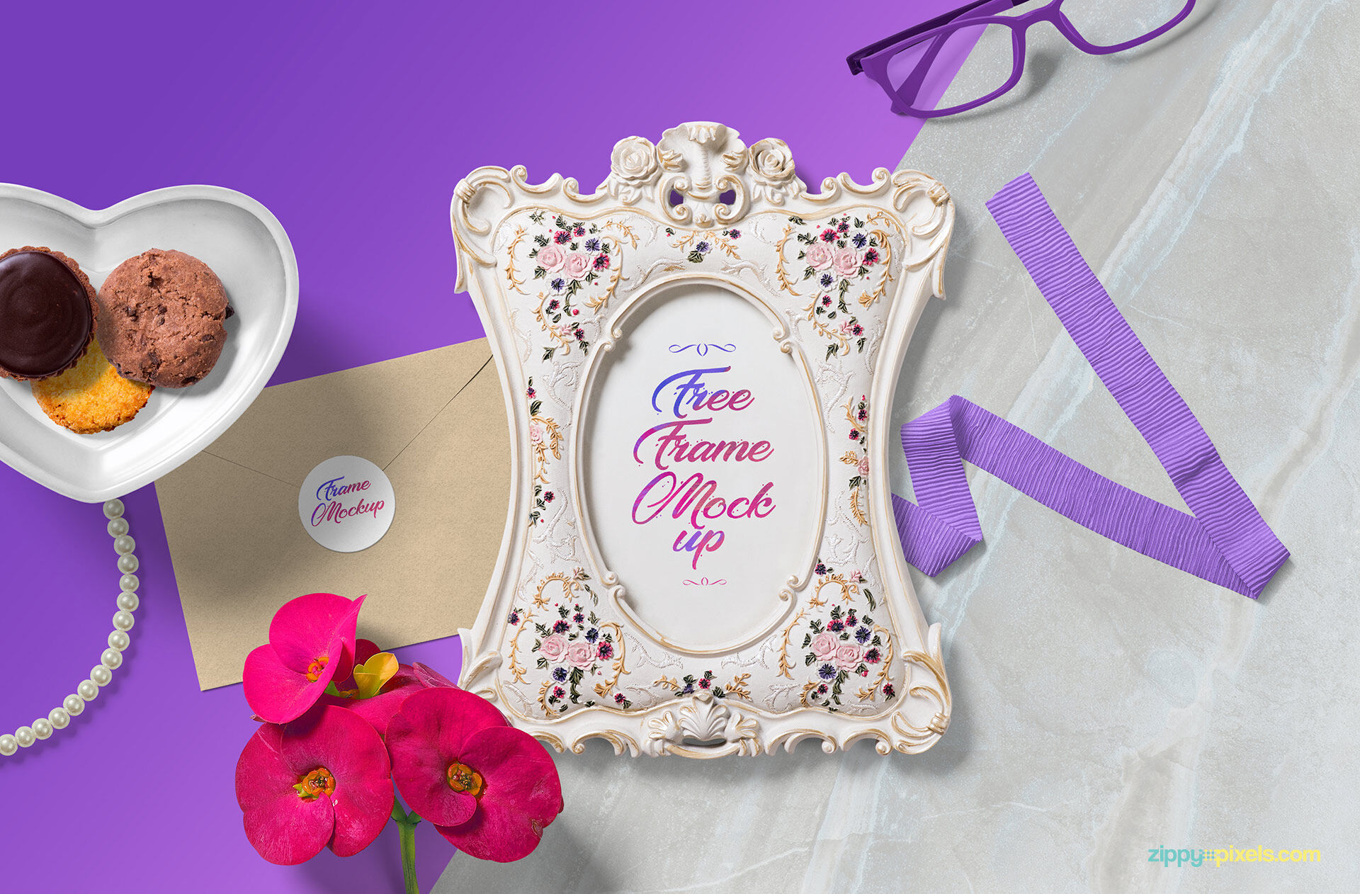 Top View Picture Frame Mockup Scene with Cookies, Envelope, etc. preview