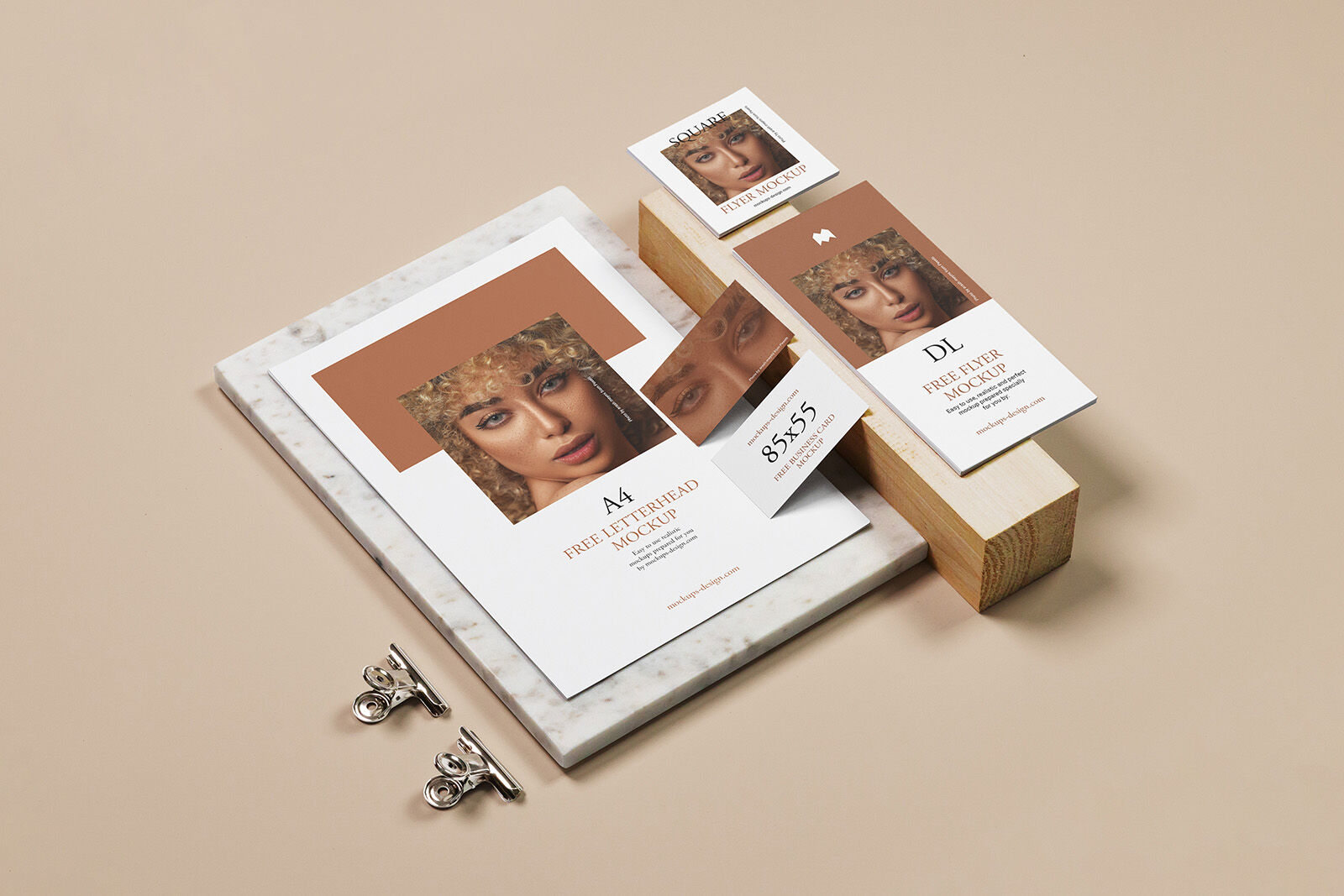 Set of Stationery Mockups Laid on a Slab of Stone and Block of Wood in Perspective preview