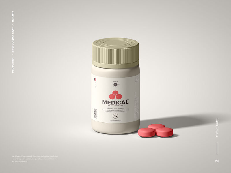 Front View of Standing Medical Bottle Next to Pills Mockup