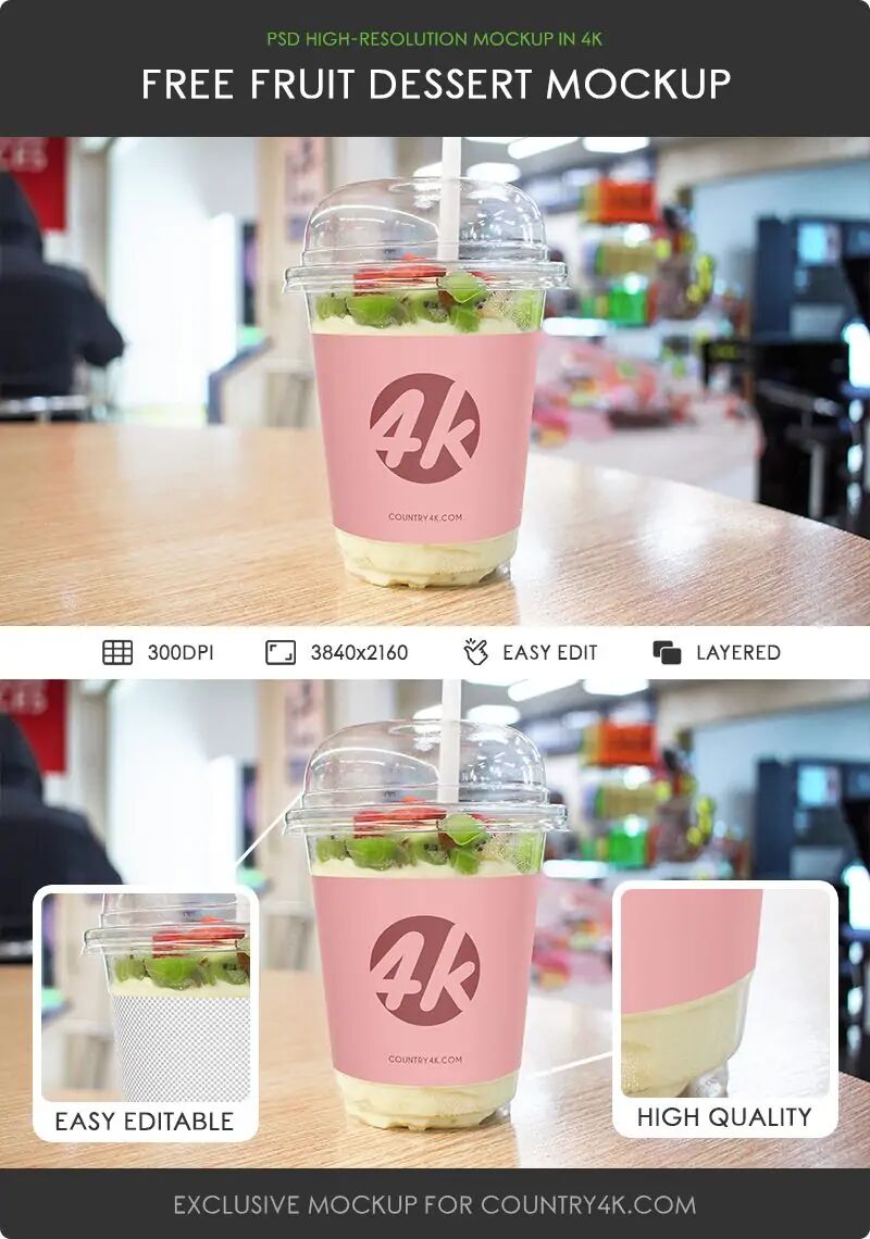 Fruit Cup Mockup on Table with Straw