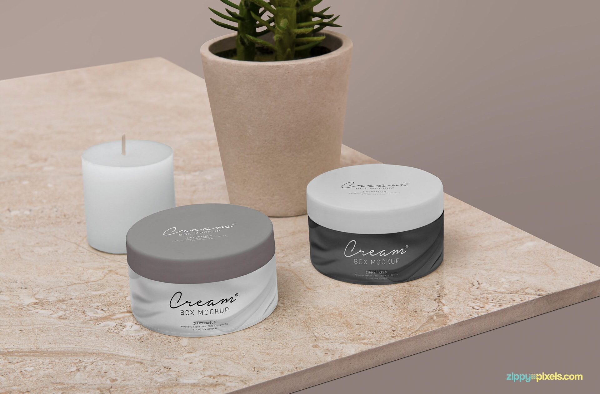 Two Cosmetic Jars in Front of a Candle and a Plant Pot Mockup